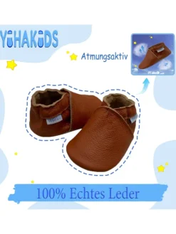 Yihakids Baby Leder Krabbelschuhe, mit rutschfester Sohle – Braun Hot