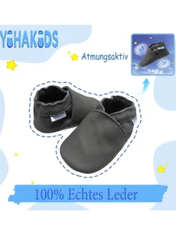 Yihakids Baby Leder Krabbelschuhe, mit rutschfester Sohle – Grau New