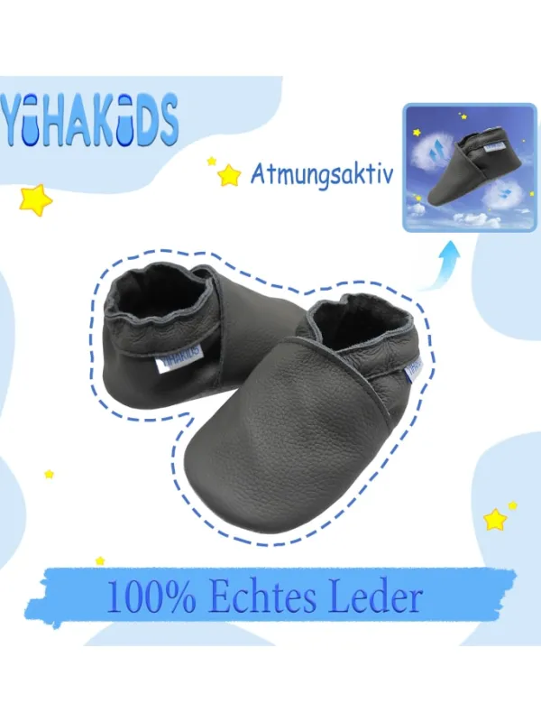 Yihakids Baby Leder Krabbelschuhe, mit rutschfester Sohle – Grau New
