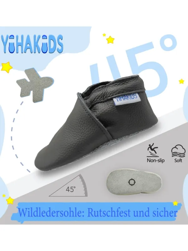 Yihakids Baby Leder Krabbelschuhe, mit rutschfester Sohle – Grau New