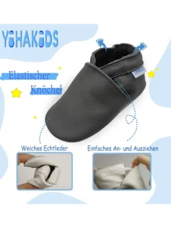 Yihakids Baby Leder Krabbelschuhe, mit rutschfester Sohle – Grau New