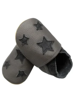 Yihakids Baby Leder Krabbelschuhe, Grau, mit rutschfester harter Sohle - Sternenmuster> Krabbelschuhe