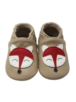 Yalion Baby-Lederlaufschuhe mit rutschfester Sohle – khaki mit Fuchsmotiv> Krabbelschuhe