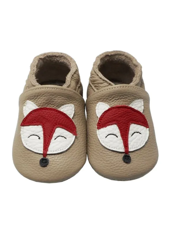 Yalion Baby-Lederlaufschuhe mit rutschfester Sohle – khaki mit Fuchsmotiv> Krabbelschuhe