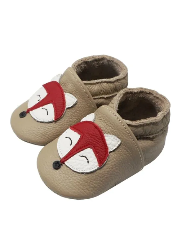Yalion Baby-Lederlaufschuhe mit rutschfester Sohle – khaki mit Fuchsmotiv> Krabbelschuhe