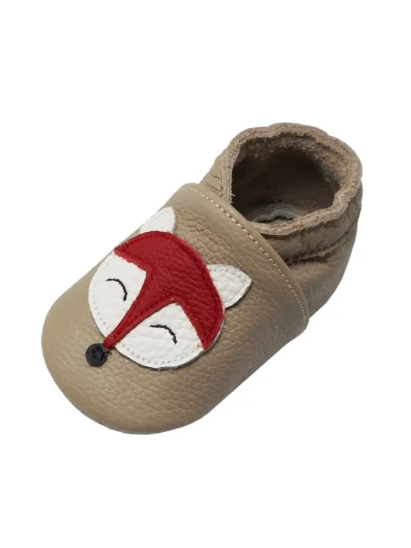 Yalion Baby-Lederlaufschuhe mit rutschfester Sohle – khaki mit Fuchsmotiv> Krabbelschuhe