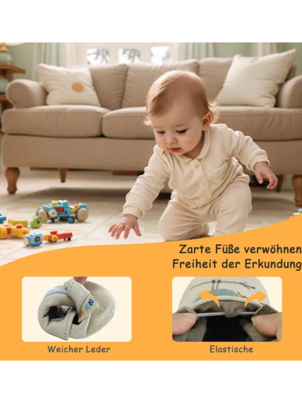 Yalion Baby-Lederlaufschuhe mit rutschfester Sohle – khaki mit Fuchsmotiv> Krabbelschuhe