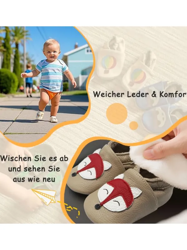 Yalion Baby-Lederlaufschuhe mit rutschfester Sohle – khaki mit Fuchsmotiv> Krabbelschuhe