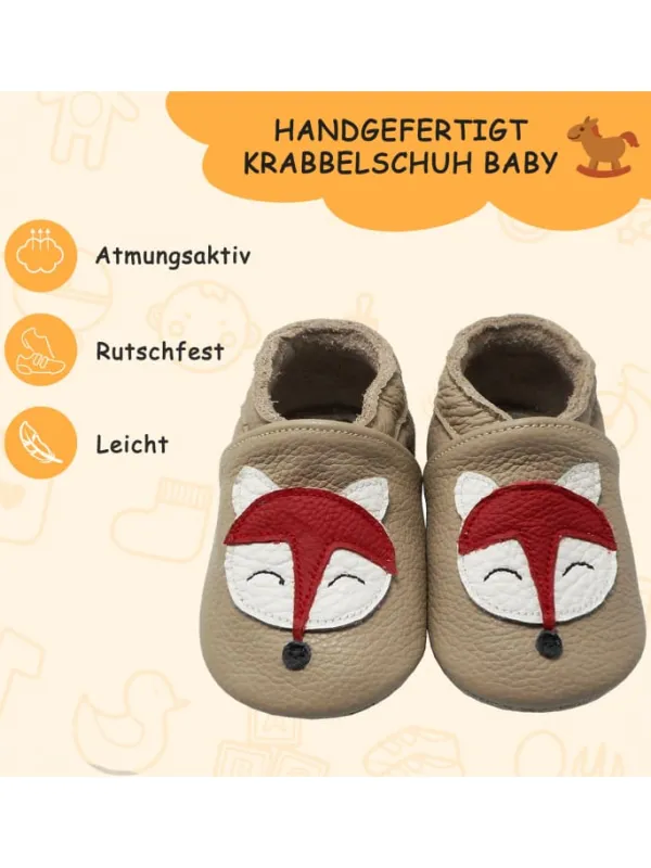 Yalion Baby-Lederlaufschuhe mit rutschfester Sohle – khaki mit Fuchsmotiv> Krabbelschuhe