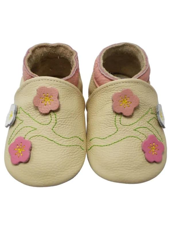 Yalion Baby-Lederlaufschuhe mit rutschfester Sohle – Cremefarben mit Blumenmuster