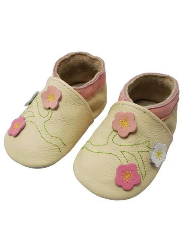 Yalion Baby-Lederlaufschuhe mit rutschfester Sohle – Cremefarben mit Blumenmuster