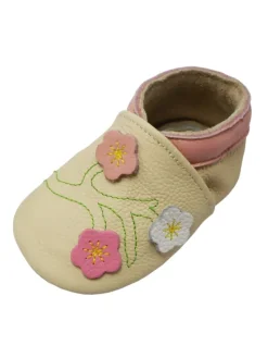 Yalion Baby-Lederlaufschuhe mit rutschfester Sohle – Cremefarben mit Blumenmuster