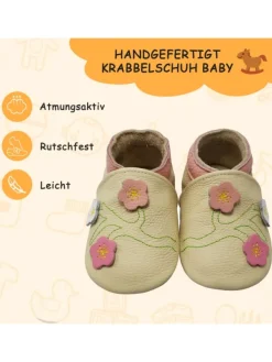 Yalion Baby-Lederlaufschuhe mit rutschfester Sohle – Cremefarben mit Blumenmuster