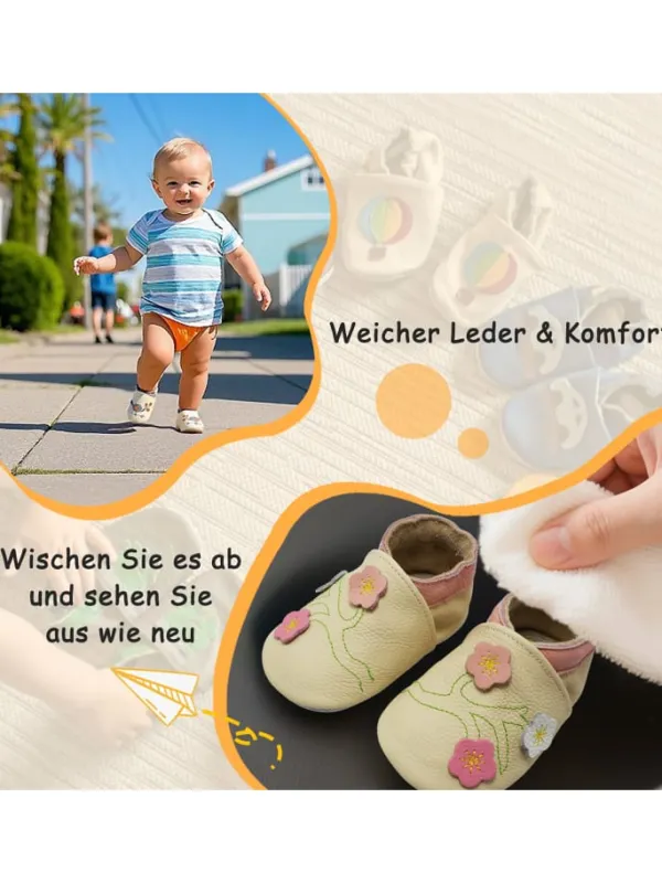Yalion Baby-Lederlaufschuhe mit rutschfester Sohle – Cremefarben mit Blumenmuster