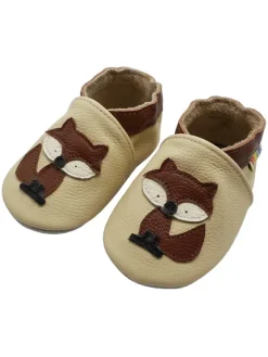 Yalion Baby-Lederlaufschuhe mit rutschfester Sohle – Cremefarben mit Fuchsmotiv> Krabbelschuhe