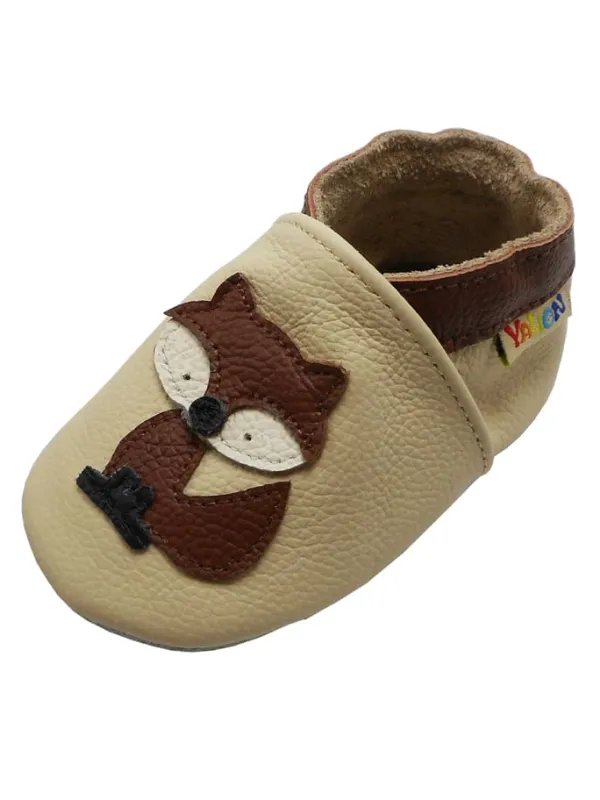 Yalion Baby-Lederlaufschuhe mit rutschfester Sohle – Cremefarben mit Fuchsmotiv> Krabbelschuhe