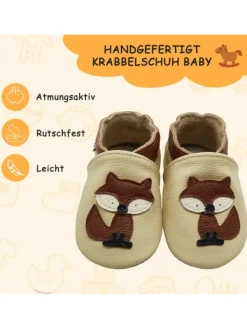 Yalion Baby-Lederlaufschuhe mit rutschfester Sohle – Cremefarben mit Fuchsmotiv><noscript><img width=