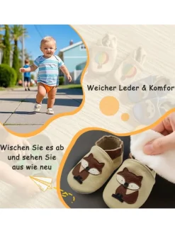 Yalion Baby-Lederlaufschuhe mit rutschfester Sohle – Cremefarben mit Fuchsmotiv><noscript><img width=