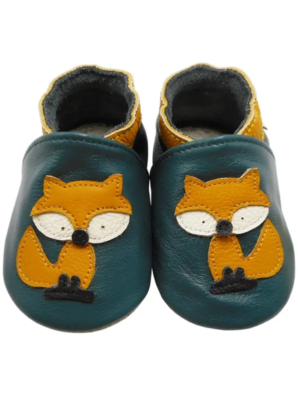 Yalion Baby-Lederlaufschuhe mit rutschfester Sohle – dunkelgrün mit Fuchsmotiv New