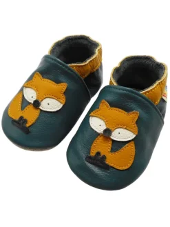Yalion Baby-Lederlaufschuhe mit rutschfester Sohle – dunkelgrün mit Fuchsmotiv New