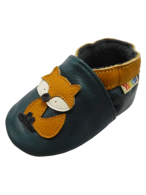 Yalion Baby-Lederlaufschuhe mit rutschfester Sohle – dunkelgrün mit Fuchsmotiv New