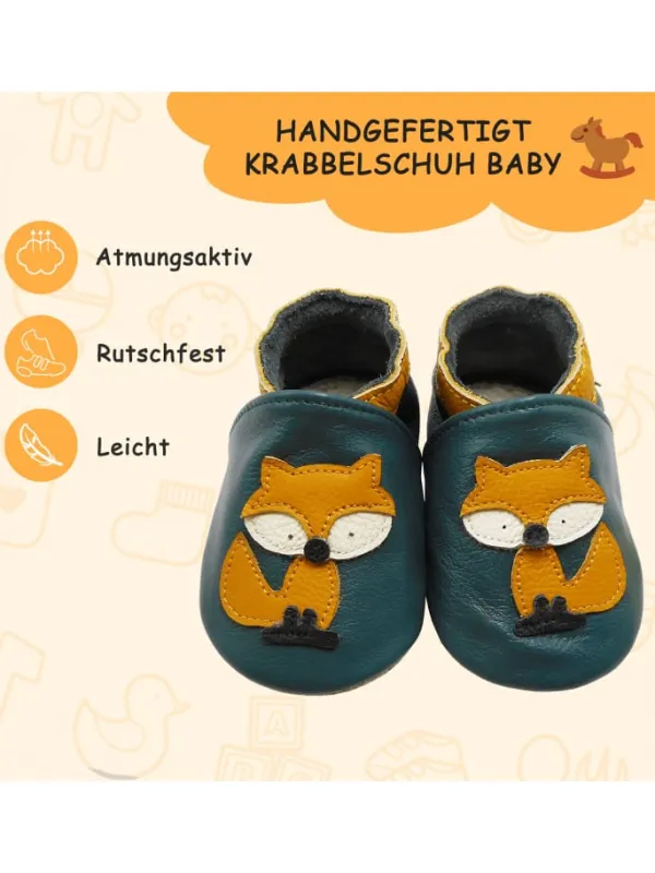 Yalion Baby-Lederlaufschuhe mit rutschfester Sohle – dunkelgrün mit Fuchsmotiv New