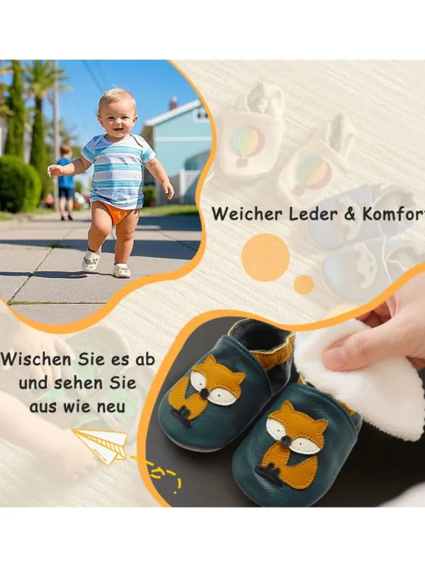 Yalion Baby-Lederlaufschuhe mit rutschfester Sohle – dunkelgrün mit Fuchsmotiv New