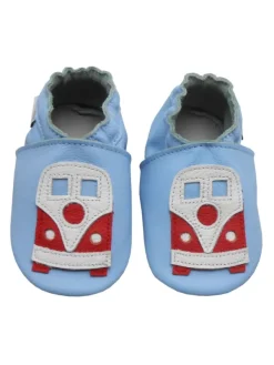 Bemesu Blaue Baby-Leder-Laufschuhe, komfortabel mit rutschfester Sohle - mit Busmotiv> Krabbelschuhe