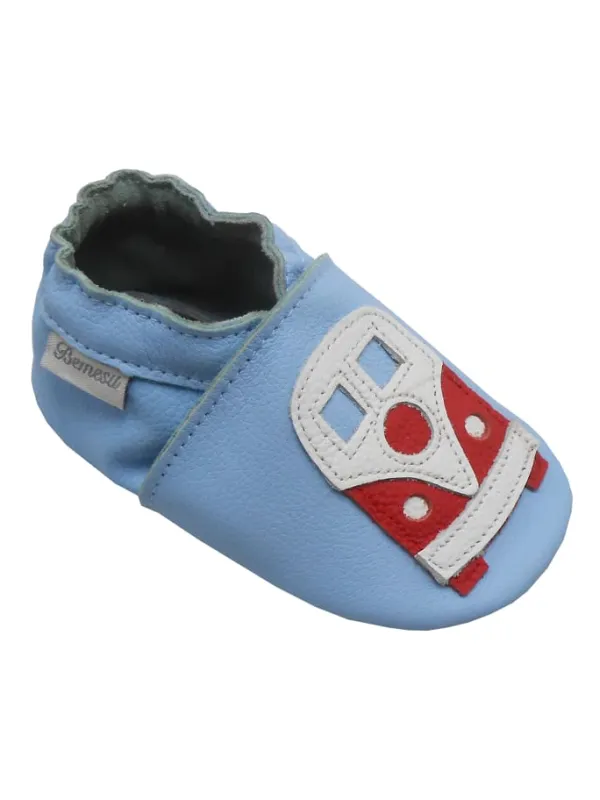 Bemesu Blaue Baby-Leder-Laufschuhe, komfortabel mit rutschfester Sohle - mit Busmotiv> Krabbelschuhe