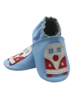 Bemesu Blaue Baby-Leder-Laufschuhe, komfortabel mit rutschfester Sohle - mit Busmotiv><noscript><img width=
