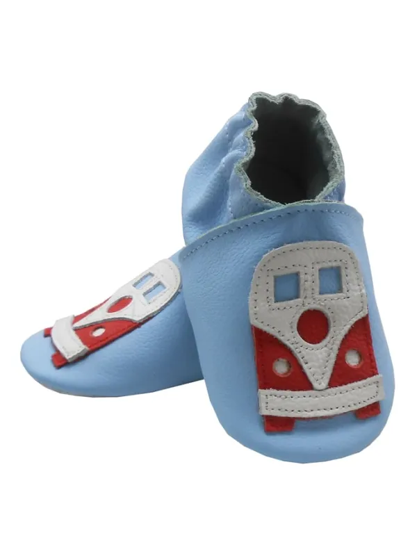 Bemesu Blaue Baby-Leder-Laufschuhe, komfortabel mit rutschfester Sohle - mit Busmotiv> Krabbelschuhe