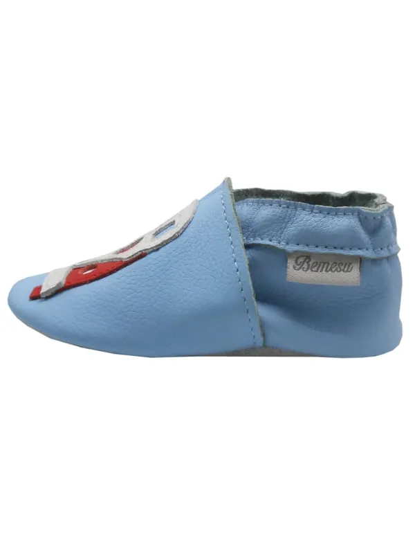 Bemesu Blaue Baby-Leder-Laufschuhe, komfortabel mit rutschfester Sohle - mit Busmotiv> Krabbelschuhe
