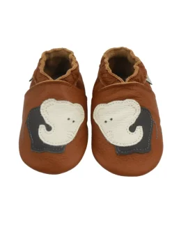 Bemesu Braune Baby-Leder-Laufschuhe, komfortabel mit rutschfester Sohle -Elefantenmotiv> Krabbelschuhe