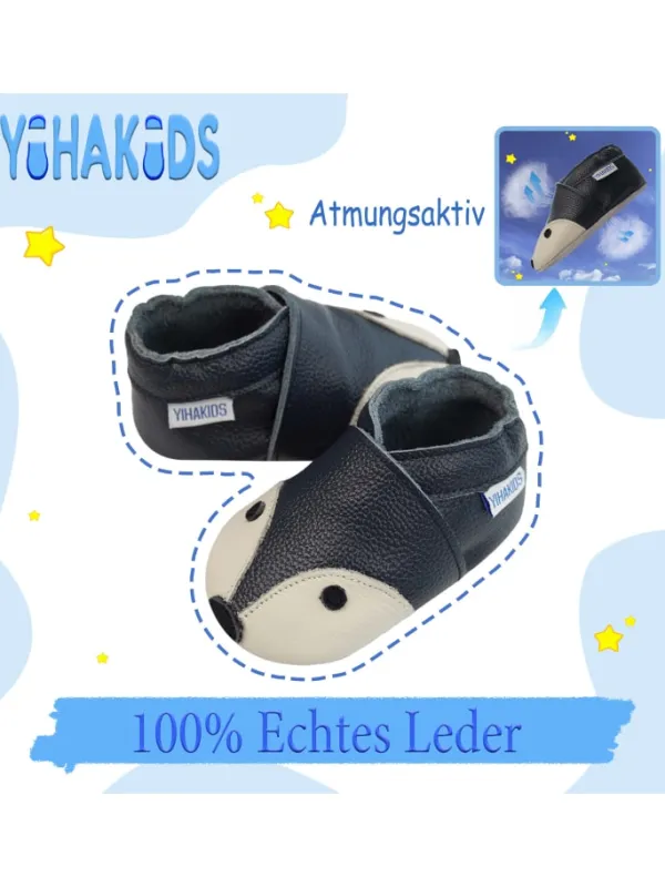 Yihakids Dunkelblaue Baby Leder Krabbelschuhe, mit rutschfester Sohle – Fuchs-Muster> Krabbelschuhe