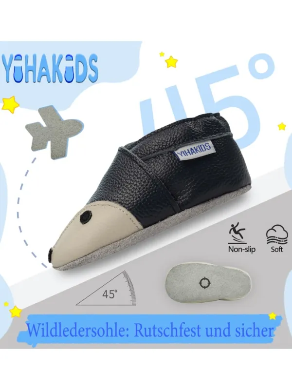 Yihakids Dunkelblaue Baby Leder Krabbelschuhe, mit rutschfester Sohle – Fuchs-Muster> Krabbelschuhe