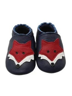 Yihakids Dunkelblaue Baby Leder Krabbelschuhe, mit rutschfester Sohle – Fuchs-Muster New