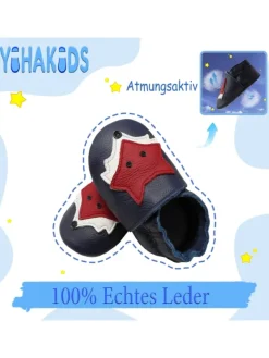 Yihakids Dunkelblaue Baby Leder Krabbelschuhe, mit rutschfester Sohle – Fuchs-Muster New