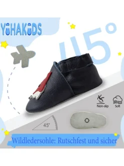 Yihakids Dunkelblaue Baby Leder Krabbelschuhe, mit rutschfester Sohle – Fuchs-Muster New
