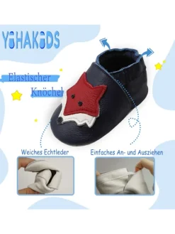 Yihakids Dunkelblaue Baby Leder Krabbelschuhe, mit rutschfester Sohle – Fuchs-Muster New
