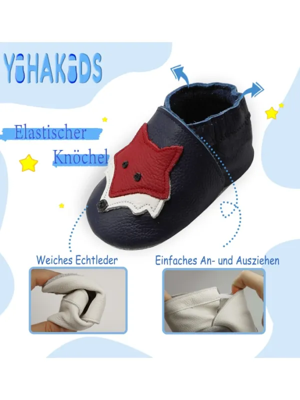 Yihakids Dunkelblaue Baby Leder Krabbelschuhe, mit rutschfester Sohle – Fuchs-Muster New