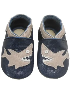 Bemesu Dunkelblaue Leder Babyschuhe, Krabbelschuhe, rutschfeste Sohle - Hai-Muster> Krabbelschuhe