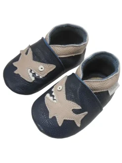 Bemesu Dunkelblaue Leder Babyschuhe, Krabbelschuhe, rutschfeste Sohle - Hai-Muster> Krabbelschuhe