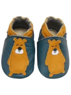 Bemesu Dunkelgrüne Leder Babyschuhe, Krabbelschuhe, rutschfeste Sohle - Bärenmuster Clearance