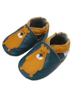 Bemesu Dunkelgrüne Leder Babyschuhe, Krabbelschuhe, rutschfeste Sohle - Bärenmuster Clearance