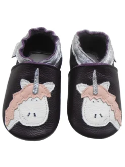 Bemesu Dunkellila Leder Krabbelschuhe für Babys, rutschfeste Sohle – Einhorn-Muster Discount