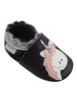 Bemesu Dunkellila Leder Krabbelschuhe für Babys, rutschfeste Sohle – Einhorn-Muster Discount