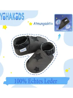 Yihakids Grau Baby Leder Krabbelschuhe, mit rutschfester Sohle – Sternenmuster> Krabbelschuhe