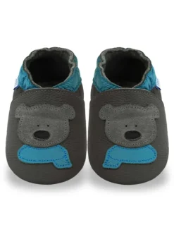 Yihakids Grau Baby Leder Krabbelschuhe, mit rutschfester Sohle – Bären-Muster