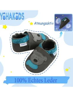 Yihakids Grau Baby Leder Krabbelschuhe, mit rutschfester Sohle – Bären-Muster