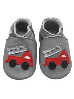 Bemesu Graue Baby-Leder-Laufschuhe, komfortabel mit rutschfester Sohle - Lastwagenmotiv> Krabbelschuhe